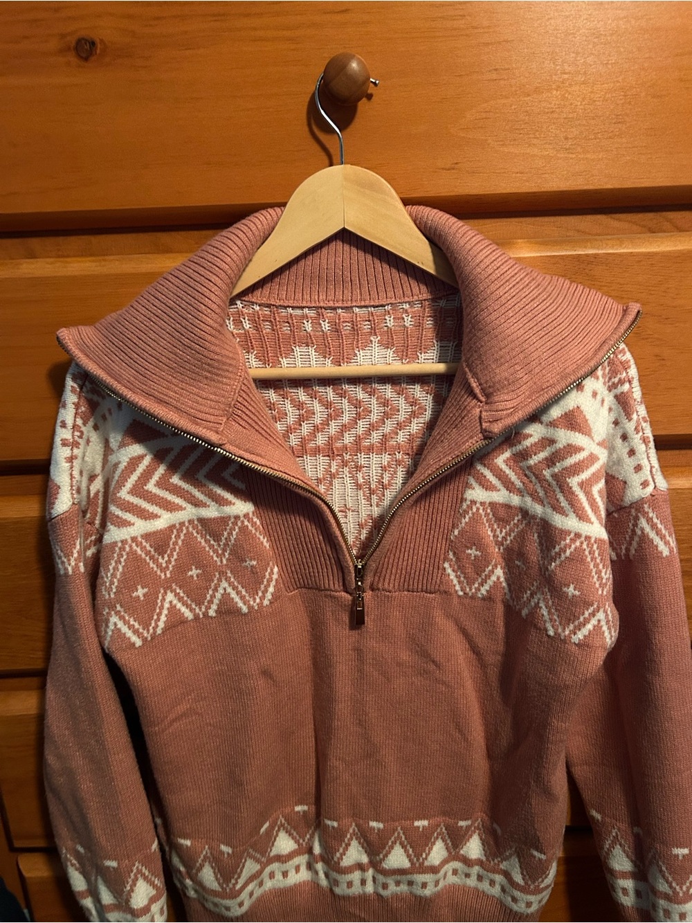 Boutique 9 Dusty Rose and White Fair Isle Half-Zip Sweater